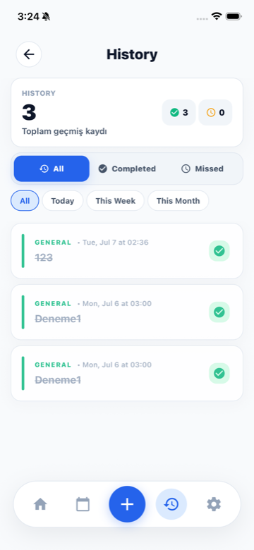 History screen listing completed and missed reminders